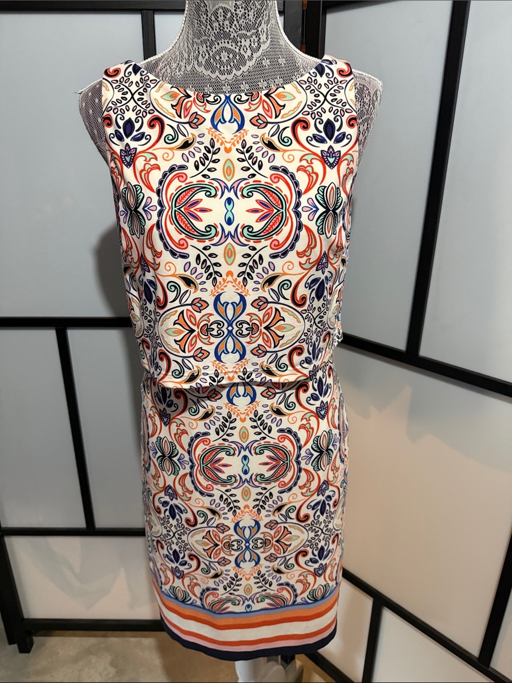 Vince Camuto Sleeveless Midi Dress in Navy, Orange, Coral and Cream
